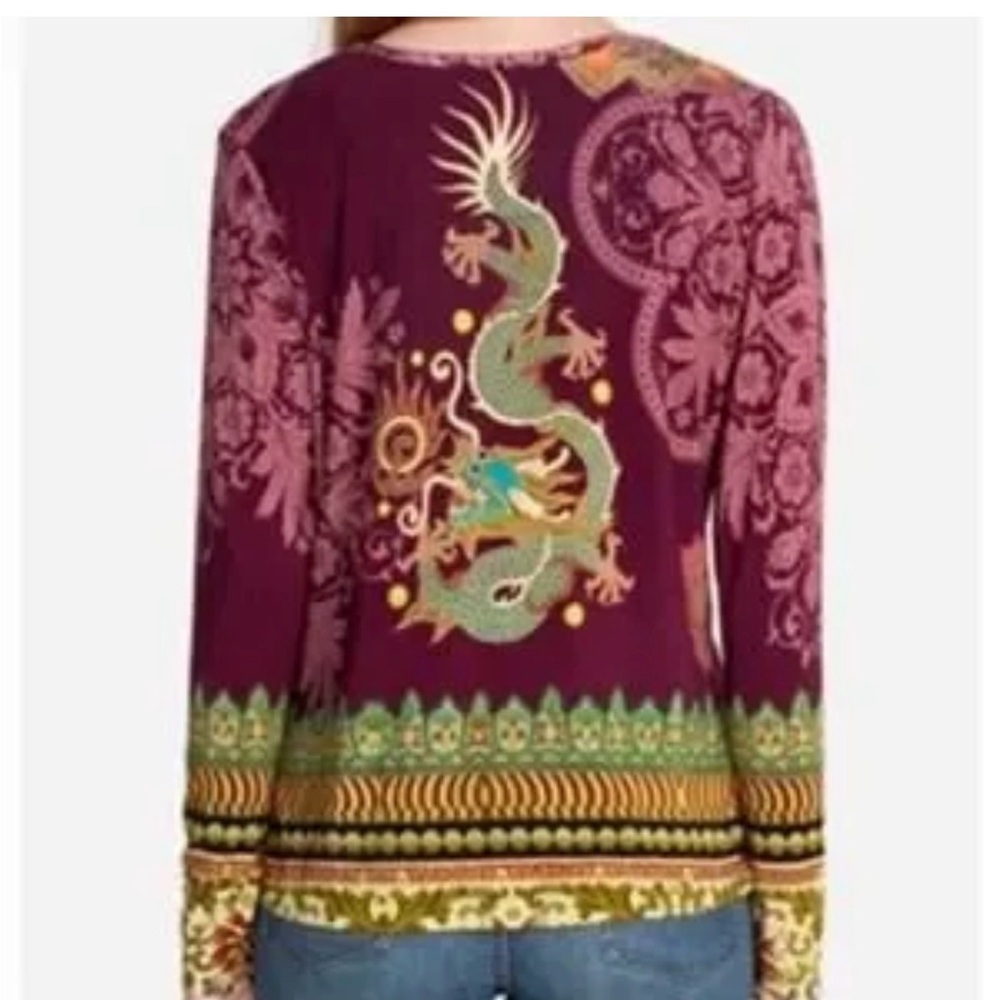 JOHNNY WAS Dragon Print Long Sleeve Tee Womens Burgundy Swing Bamboo Boho L - Picture 2 of 8